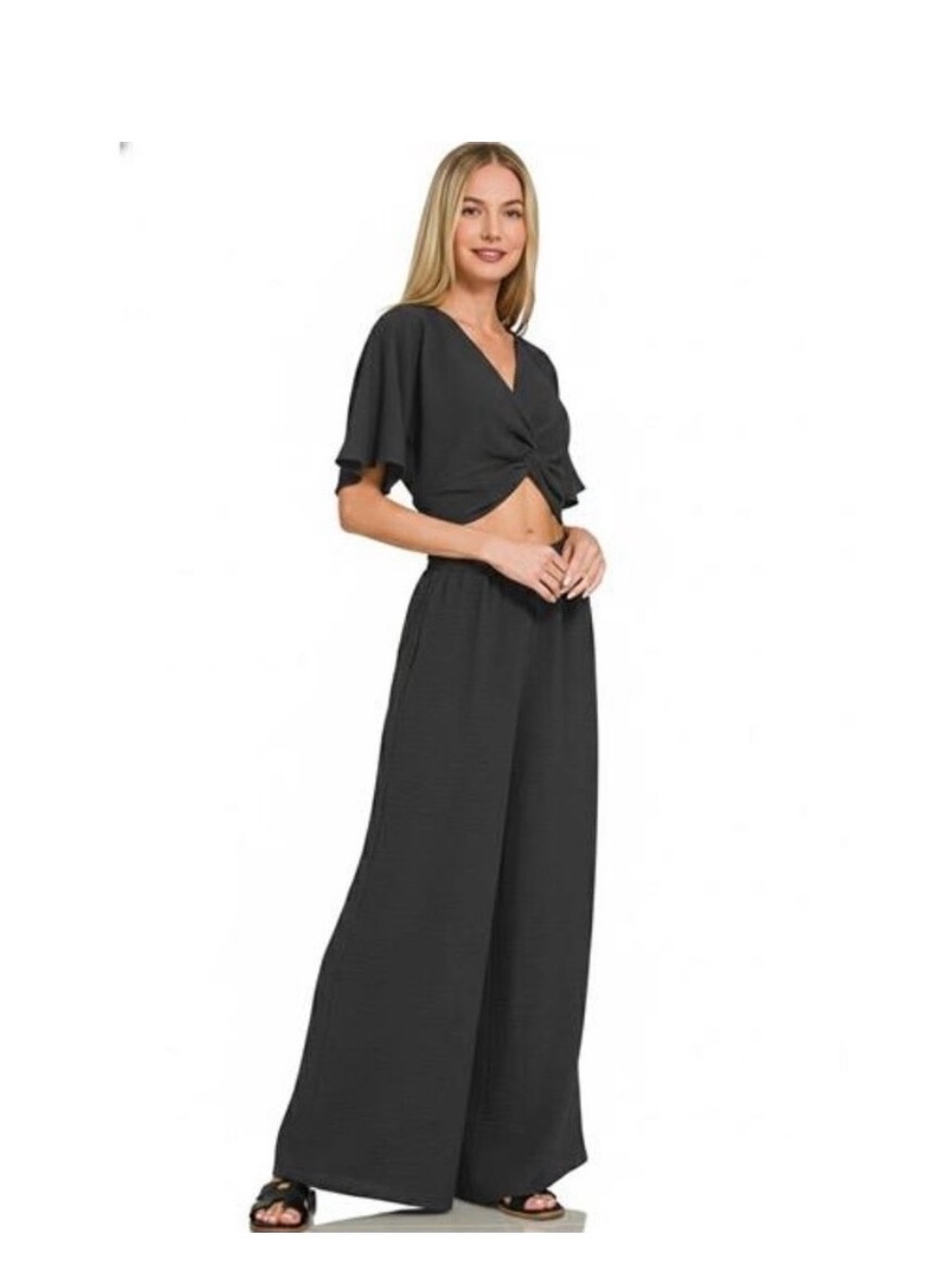 Zenana Women’s Black Wide-Leg pant and blouse with Twist Front set large